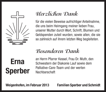 Traueranzeige von Erna Sperber von Pegnitz-Zeitung